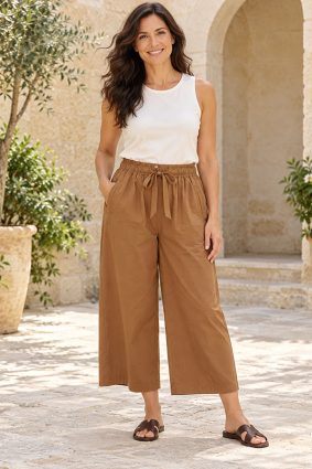 White Stuff Lauryn mid tan cotton poplin cropped wide leg trousers