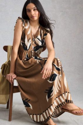 White Stuff Lorna linen blend maxi dress in brown with botanical print