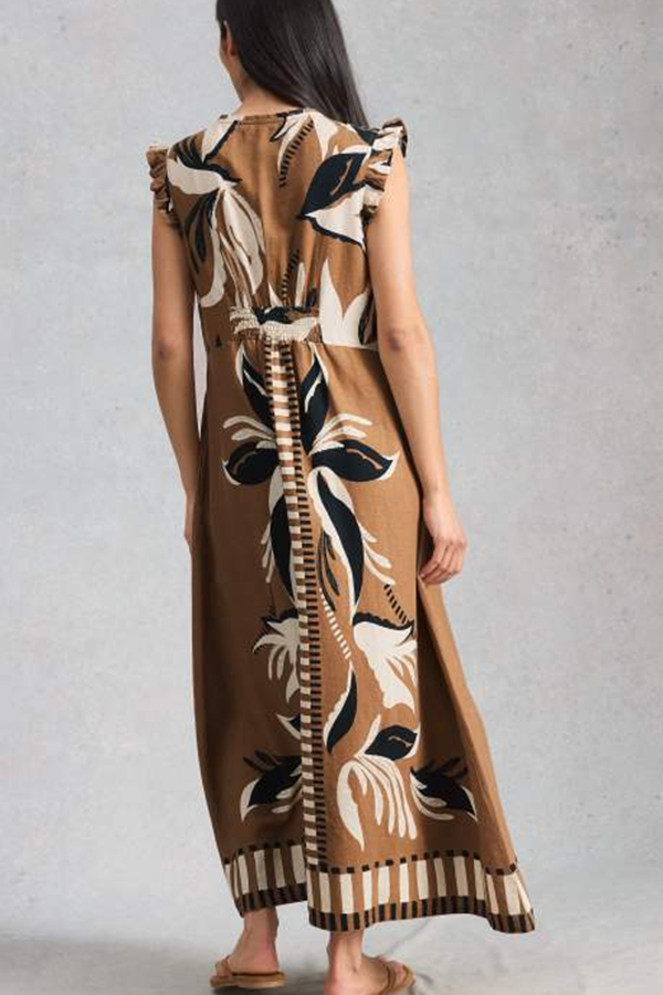 White Stuff Lorna linen blend maxi dress in brown with botanical print