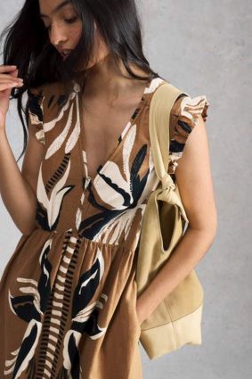 White Stuff Lorna linen blend maxi dress in brown with botanical print