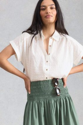 White Stuff Orla textured cotton button through shirt in brilliant white